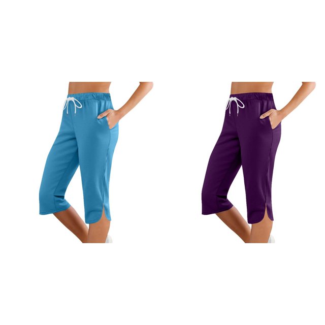(2-Pack) Rinsvye Women'S Slim Fit Capris Pure Color Mid-Length Trousers Stretchy Work Pants Comfortable -Pants Casual Wear