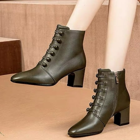 

QISIWOLE Women s Button Ankle Round Toe Zipper Bare Boots Square Heel Short Booties rollbacks !