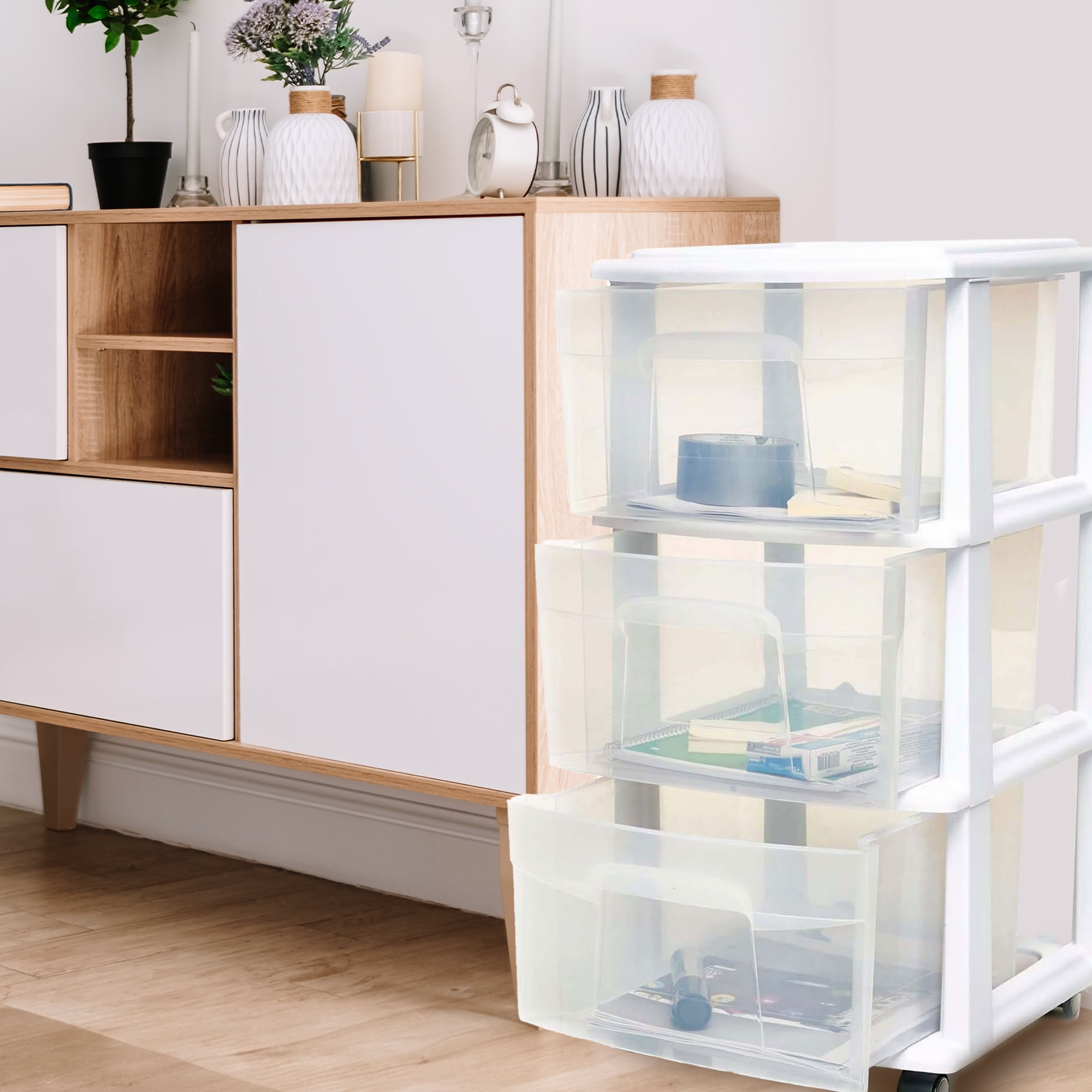 Homz Clear Plastic 3 Drawer Medium Home Storage Tower w/Wheels (2 Pack)