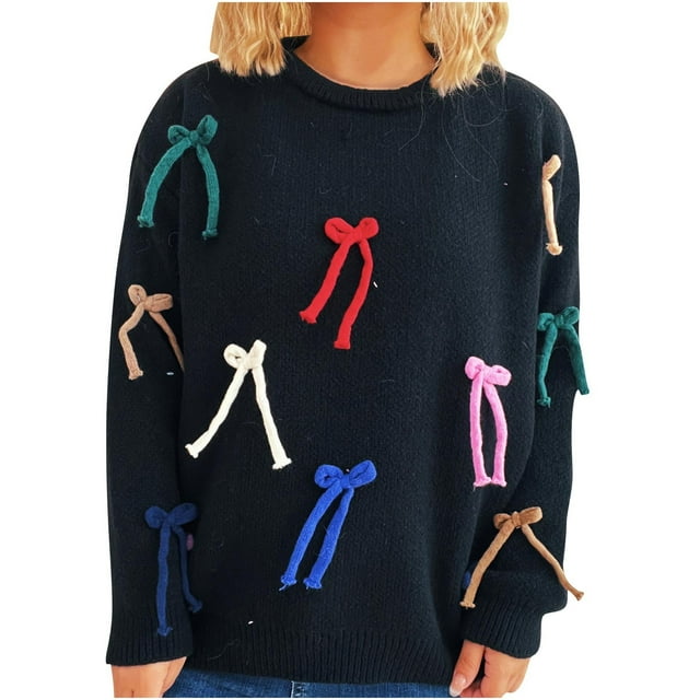 Lenpel Chandails pour Femmes Doux Manches Longues Col Rond Tricot avec Nœuds Ample Décontracté Chandails (Noir, Grand)