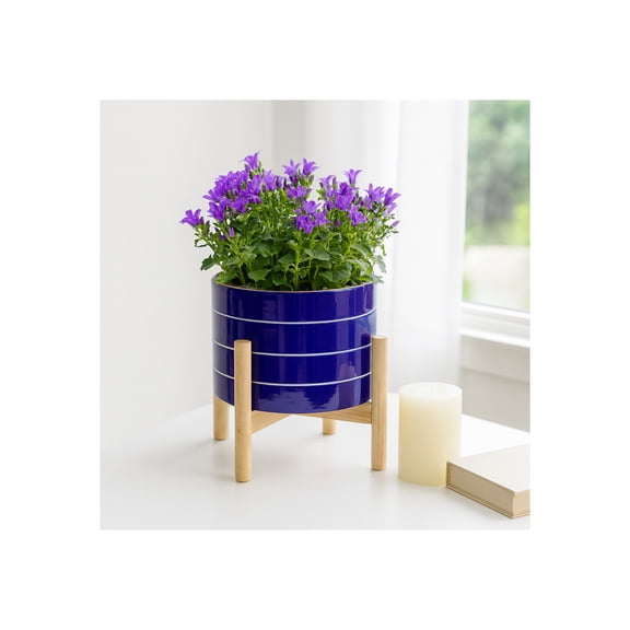 Striped Ceramic Planters with Wooden Stand for Home Decor  Flower Pots for Entryway, Patio, Tabletop, and Garden - Colorful Decorative Pots for Indoor and Outdoor Plants - 9", Blue & Tan