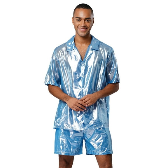 TiaoBug Men's 2 Piece Summer Outfits Shiny Glossy Semi-Sheer Button Down Shirts and Casual Shorts Set Sky Blue M