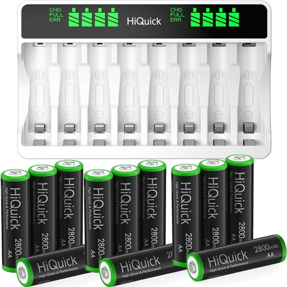 HiQuick 12x Rechargeable AA Batteries 2800mAh 1.2V NiMH with 8 Bay LCD Battery Charger for Ni-MH Ni-CD AA AAA