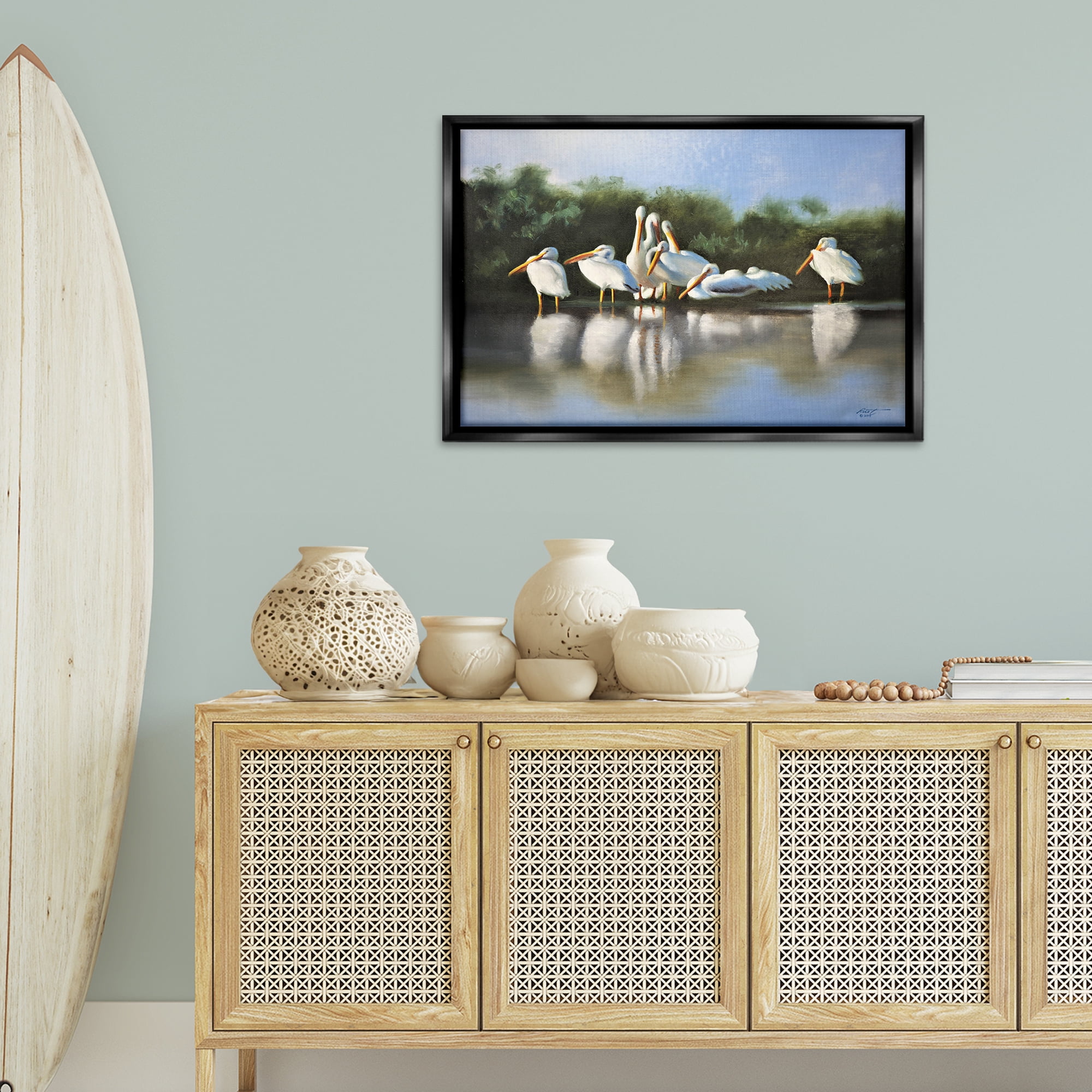 Stupell Industries White Pelicans Flock Animals & Insects Painting Black Floater Framed Canvas Art Print Wall Art, 31 x 21