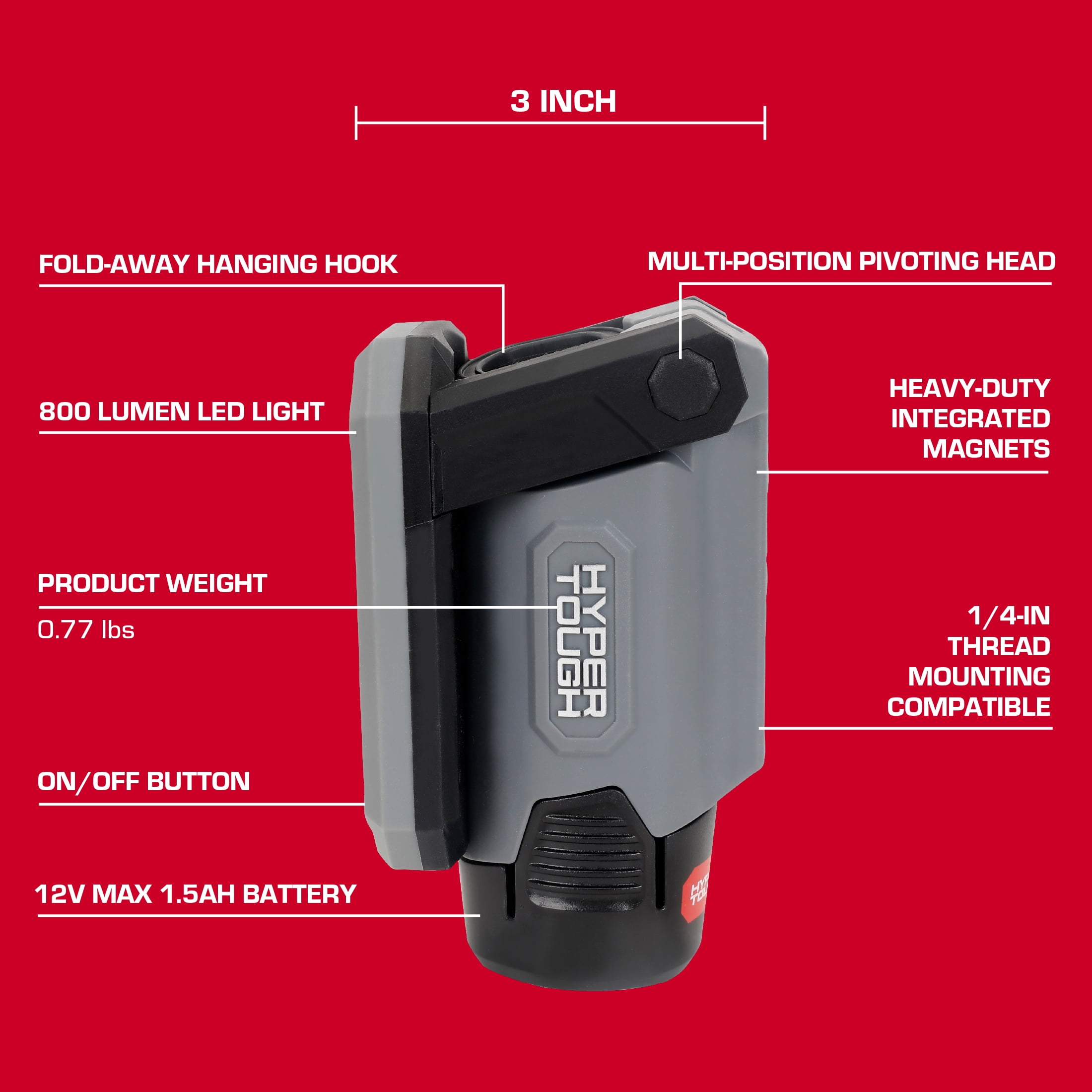 Hyper Tough 12V 800-Lumen Cordless LED Work Light with 1.5 Ah Battery & Charging Cable