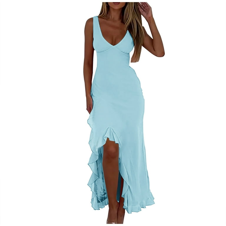 chinese dress ladies Chic Women's Solid Color Mesh Plunging Neck Backless Ruffle Hem Sexy M   Canary Houze