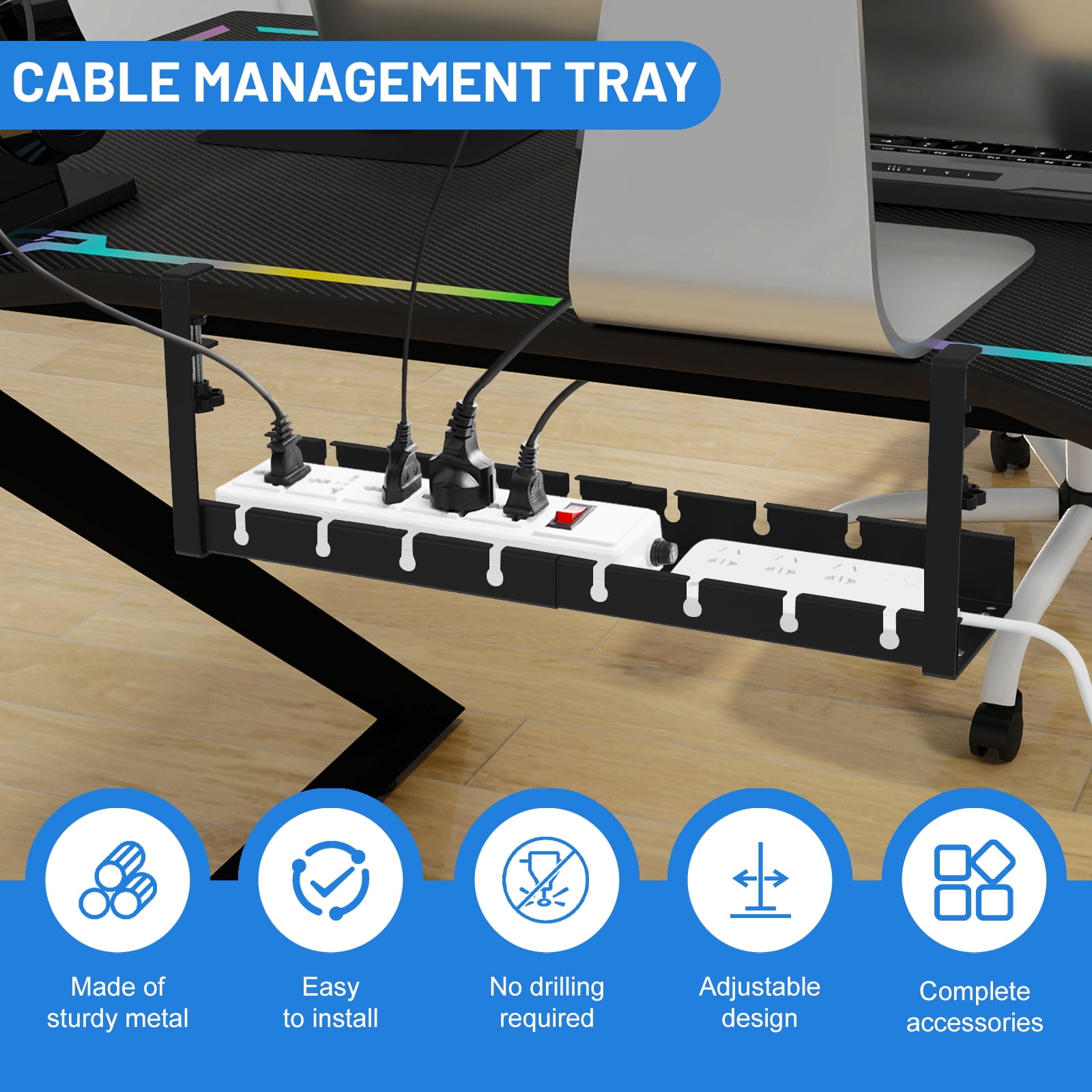 No Drilling Extendable Under Desk Cable Management, Metal Cable Management Tray Under Desk with Clamp, Retractable Power Strip Cord Holder for Wire Management from 11.8"-21.6 "