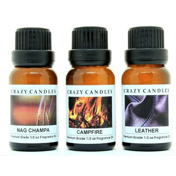 Crazy Candles 3 Bottles Set, 1 Leather, 1 Campfire, 1 Nag Champa 1/2 Fl Oz Each (15ml) Premium Grade Scented Fragrance Oils