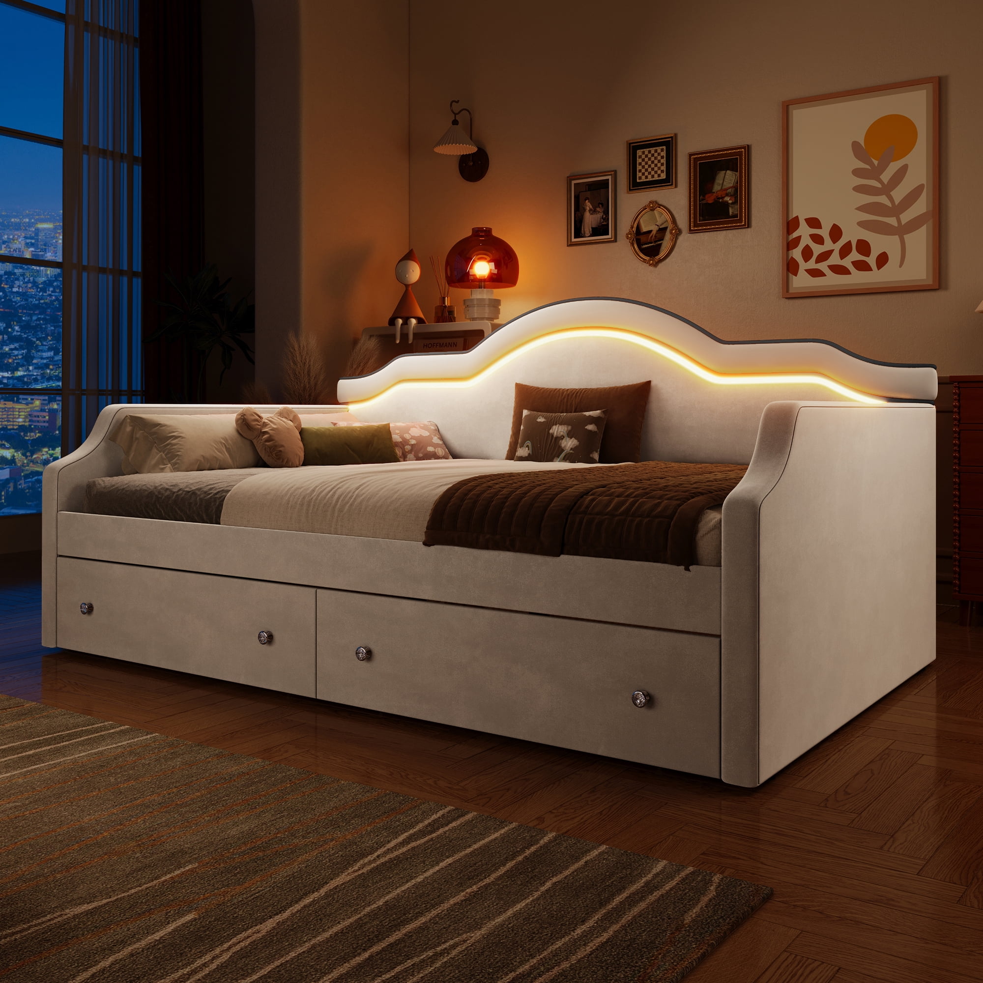 Euroco Upholstered Twin Size Daybed with LED Light and 2 Drawers, Beige