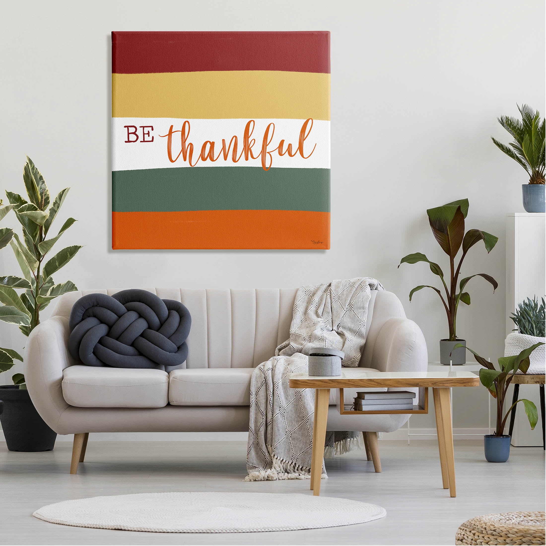 Stupell Industries Be Thankful Autumn Stripes Graphic Art Gallery Wrapped Canvas Print Wall Art, Design by Gigi Louise