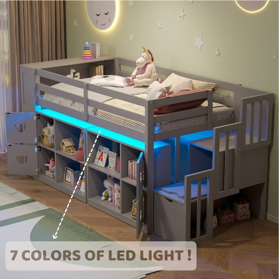 Twin Size Loft Bed Frame with Storage Headboard and Clothes Rod, Wooden LED Lights Low Loft Bed with Staircase and Shelves for Bedroom, Apartment, Box Spring Not Required, Mattress Not Included, Grey