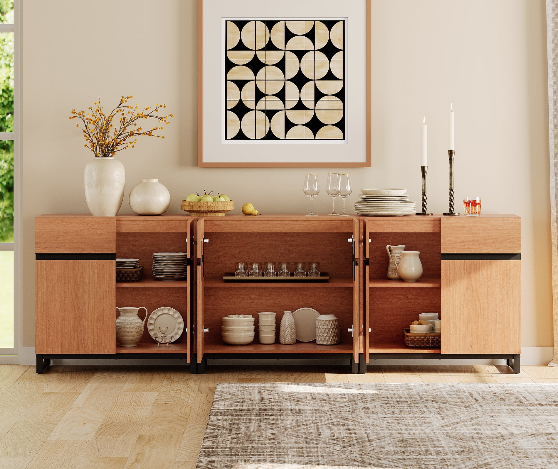 WAMPAT 94.5" TV Stand with Doors,Modern TV Stand for TVs up to 110 Inch,3 Packs Wood Entertainment Center with Adjustable Shelves & Metal Base.