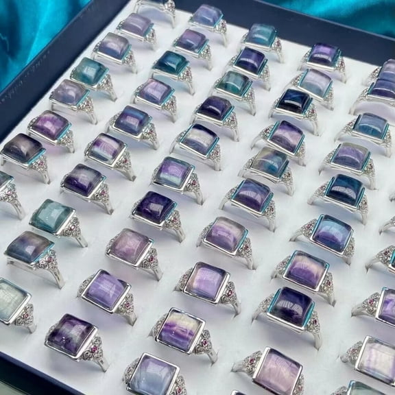 K-KED 10pc Wholesale Colorful Fluorite Natural Stone Delicate Jewelry Silver Plated Women Rings