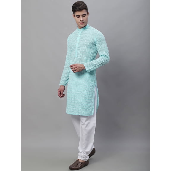 Sojanya (Since 1958) Men'S Pure Cotton Blue Kurta With White Embroidery And White Pyjama Set