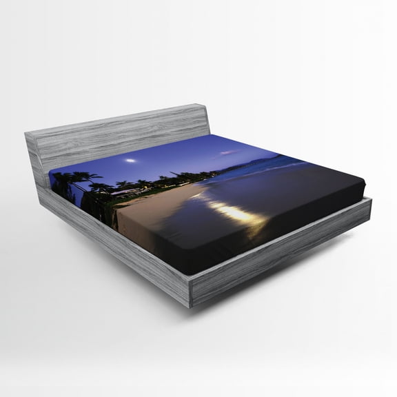 Ambesonne Tropical Fitted Sheet, Moonlight Hawaii Sea, Queen Size, Navy Sand