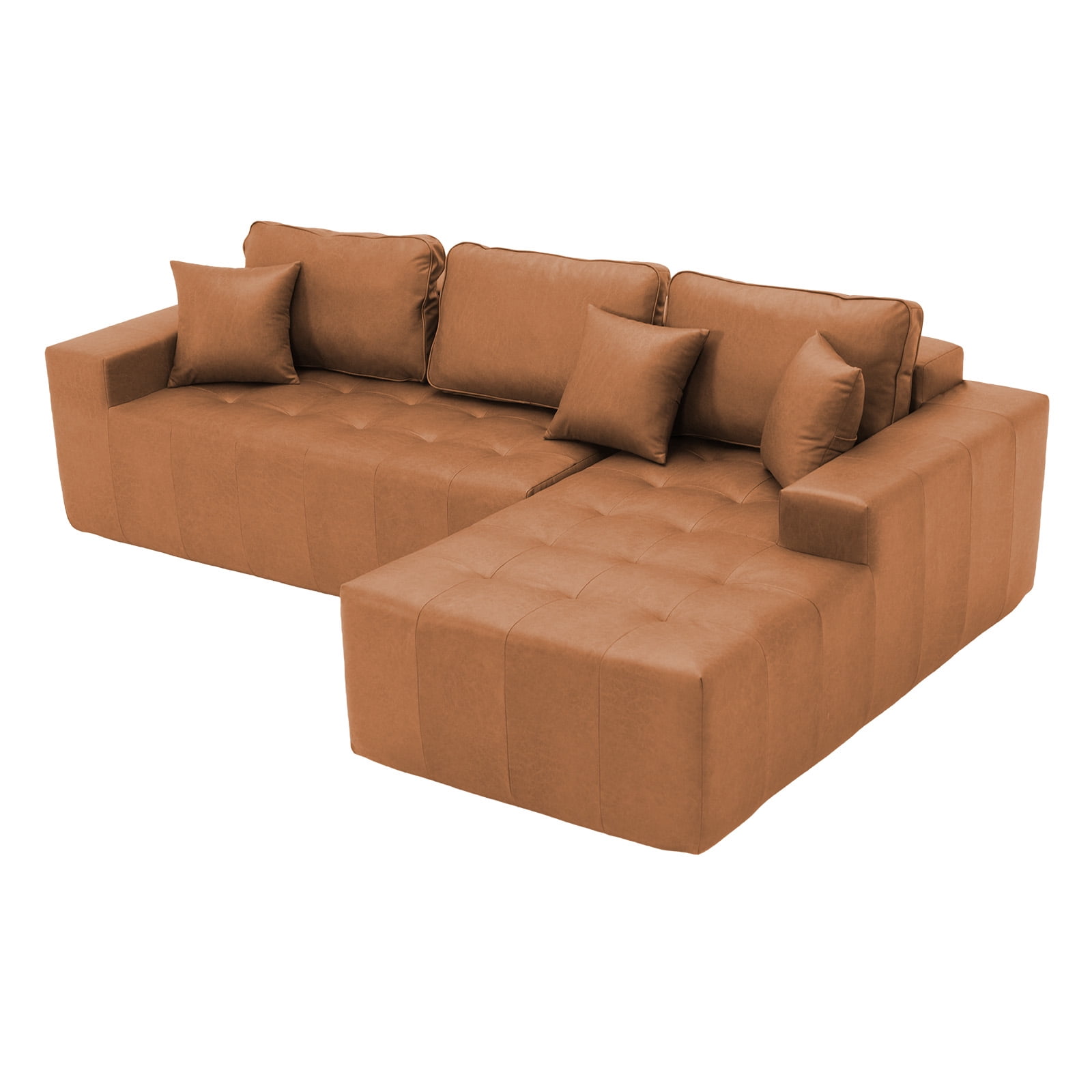 Howcool Boneless Cloud Sectional Sofa with Chaise,Faux Leather L-Shaped Couch,Deep Seat Modular Sofa with Wide Armrests,No Assembly Required,Right-Facing,Light Brown