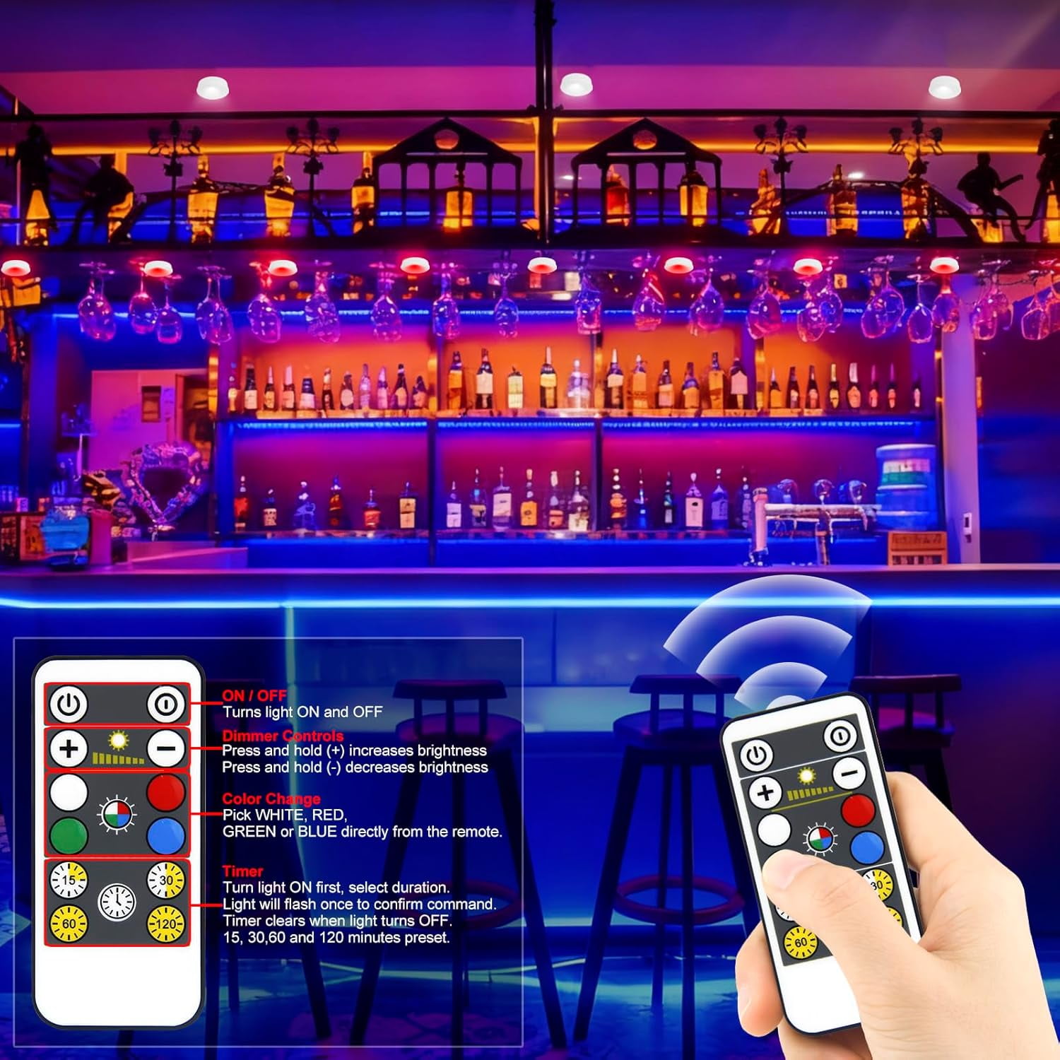JJEAN-Puck Lights with Remote , Wireless Under Cabinet Lighting,Color Changing Tap Lights with Dimmer and Timer, AAA Battery Operated Light Push Lights Stick on for Closet, Bedroom Wall, Under Cabine