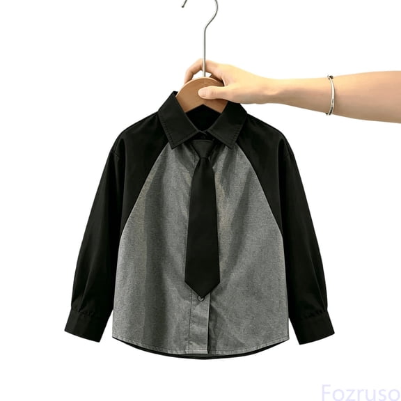 Fozruso Boys Long Sleeve Button Up Shirts, Kids Classic Collared Dress Shirts with Patchwork Design Back to School Clothes
