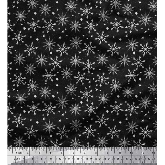 Soimoi Black polyester Crepe Fabric Snow Flakes & Star Decor Fabric Printed Yard 42 Inch Wide