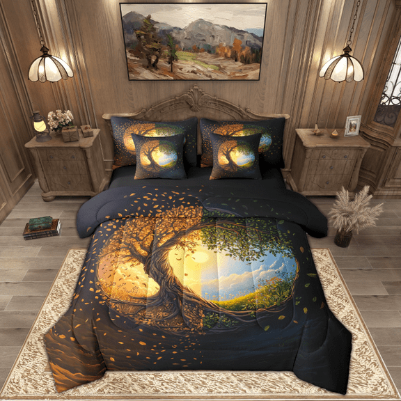 Manfei Gold Life Tree Twin Bedding Sets 7-Piece, Mystic Bohemian Plant Botanical Bedding Comforter Set, Teen Kid Child Adult Reversible Sheet Sets, Super Cozy Room Decor