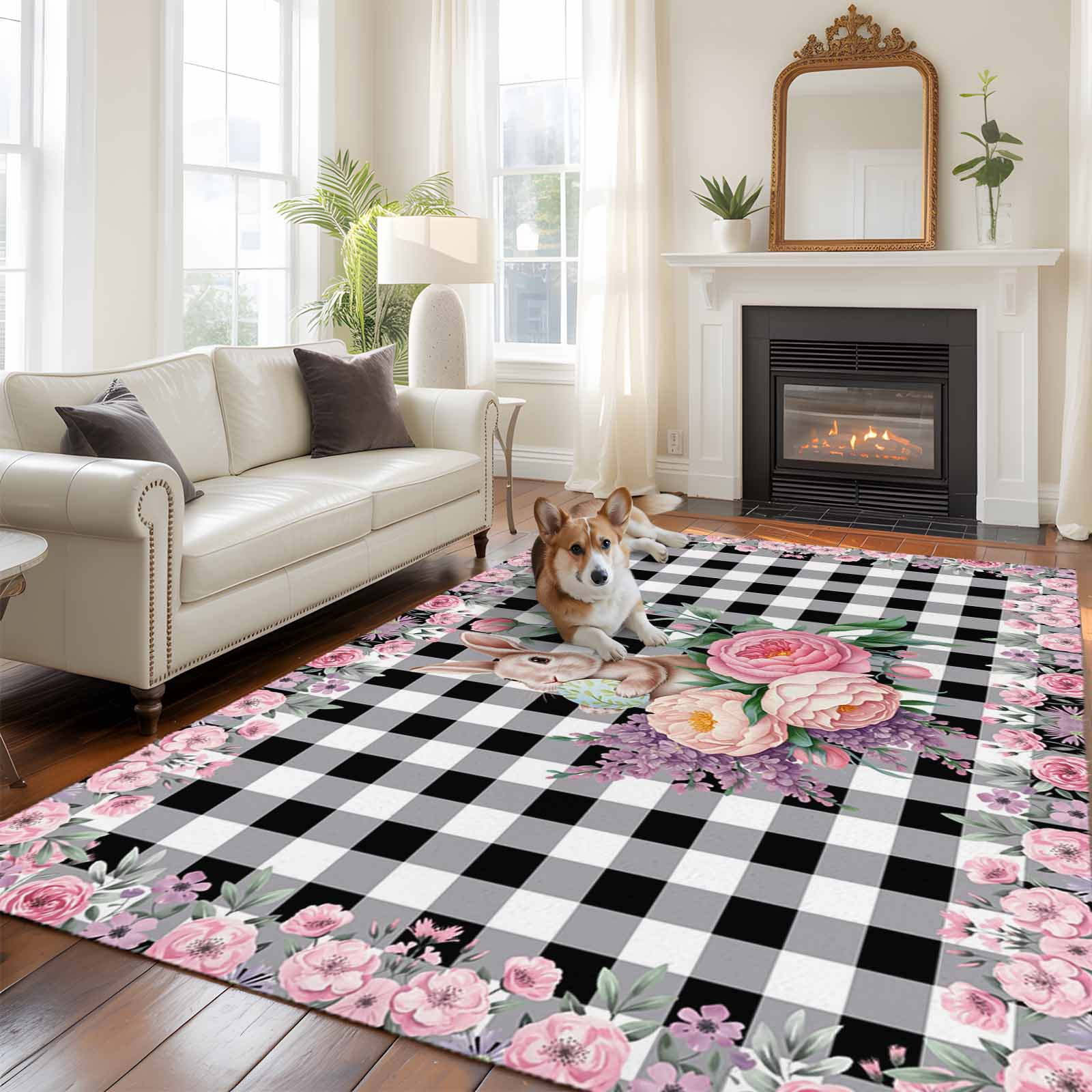 Easter Bunny Roses Area Rugs 6'x9', Washable Small Throw Rugs for Kitchen Dining room, Pink Floral Spring Black Buffalo Plaid Indoor Outdoor Rug Non-Slip Low Pile Carpet Runner Reversible Floor Mats