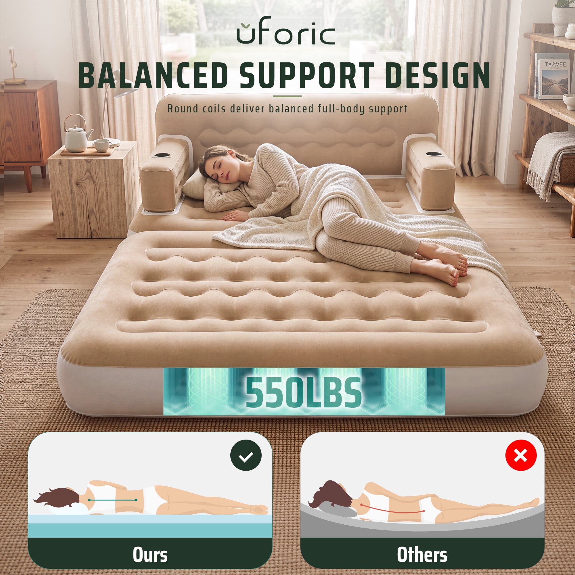 Uforic Queen Size 2-in-1 Convertible Inflatable Air Sofa Bed with Wave Headboard, Built Pump, Cup Holders & Storage Pocket for Guest Room Camping, Khaki