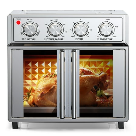 27.5 Quart 6 Slices Large Air Fryer Convection Toaster Oven, French Door, 1700W, Multifunction Oven for Air Fryer, Toast, Grill, Defrost, Bake, Time and Temperature Controls, Silver