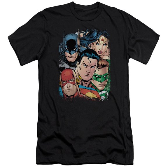 JLA Justice League Up Close And Personal Premium Canvas Adult Slim Fit 30/1 T-Shirt Black