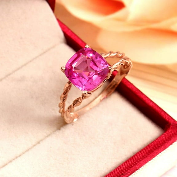 Winstonegemsjewels 925 Sterling Silver Pink Sapphire Engagement Ring Solitaire Promise Jewelry Twisted Double Band Anniversary Gift for Her Silver 4