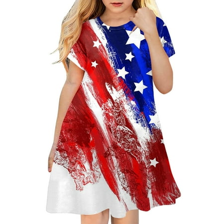 

Girls Dresses Independence Day 4Th Of July 3D Graphic Printed Short Sleeve Kids Casual Soft Party Princess Dresses For Toddler Girls
