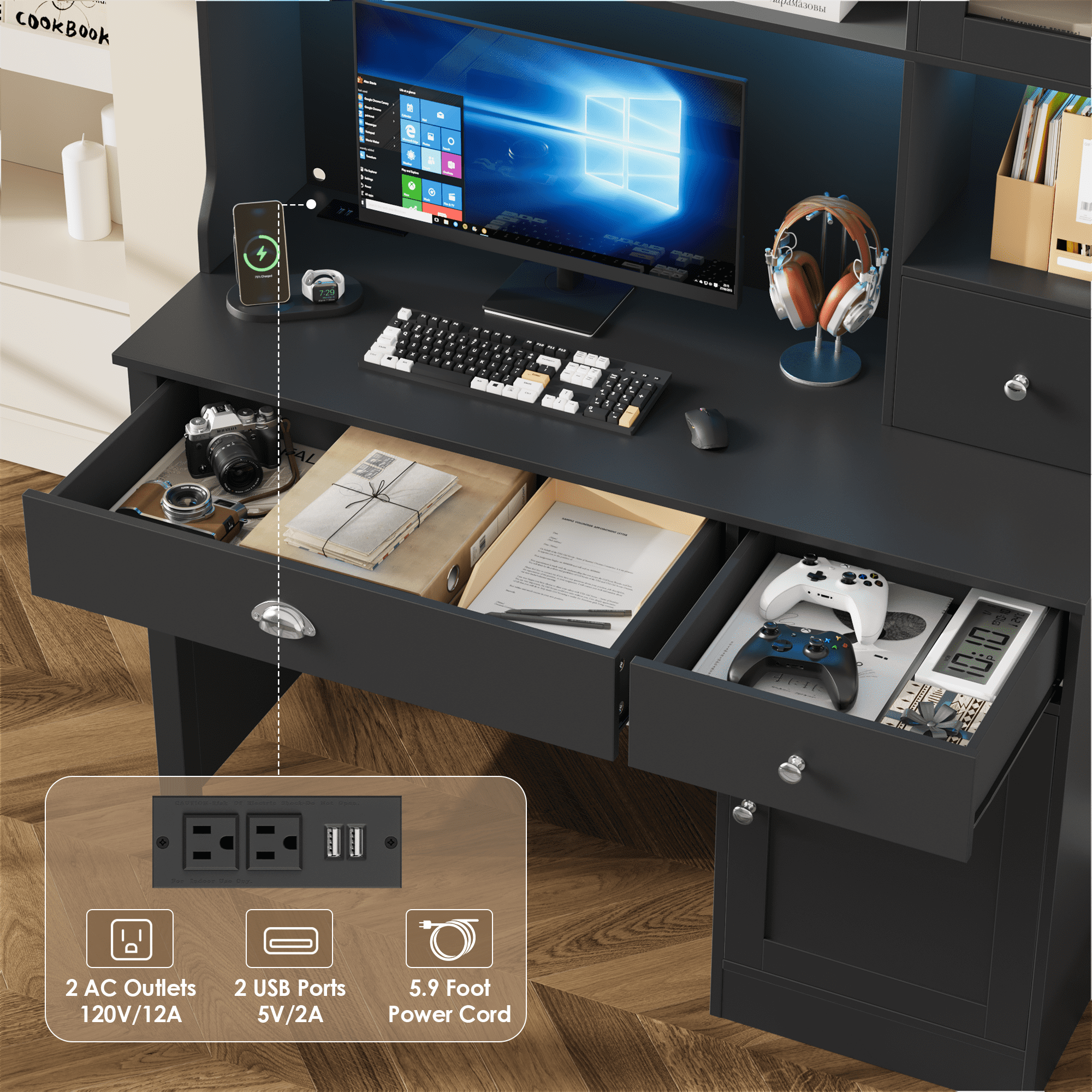 Homfa Executive Desk with Hutch & Power Outlets & LED Lights, Wood Writing Study Table, Home Office Computer Desk with Adjustable Shelves and Drawers, Black
