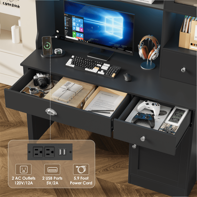 Homfa Executive Desk With Hutch, LED Lights, and Storage photo 6