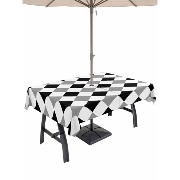 Outdoor Tablecloth with Umbrella Hole for Patio/Picnic/Party/Camping, Black Grey Plaid Waterproof Table Cloth Rectangle Table Cover Washable, Modern Geometric Minimalist Checkered (52"x 70")