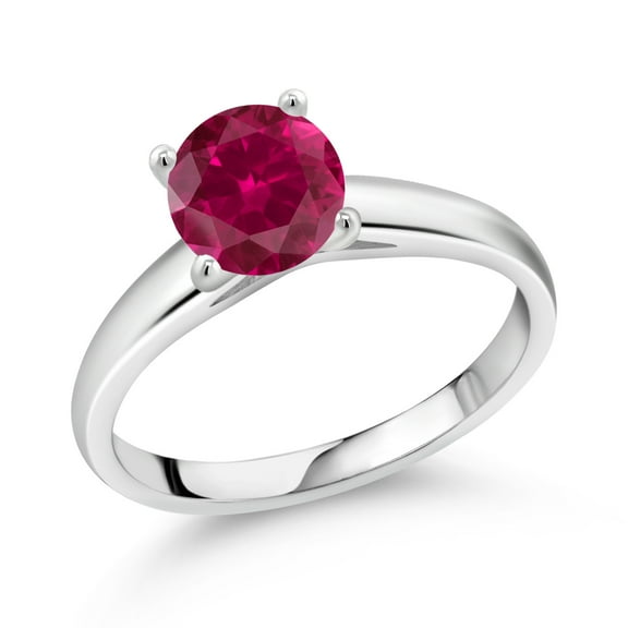 Gem Stone King 1.55 Ct 7mm Round Red Created Ruby 10K White Gold Ring (Size 9)