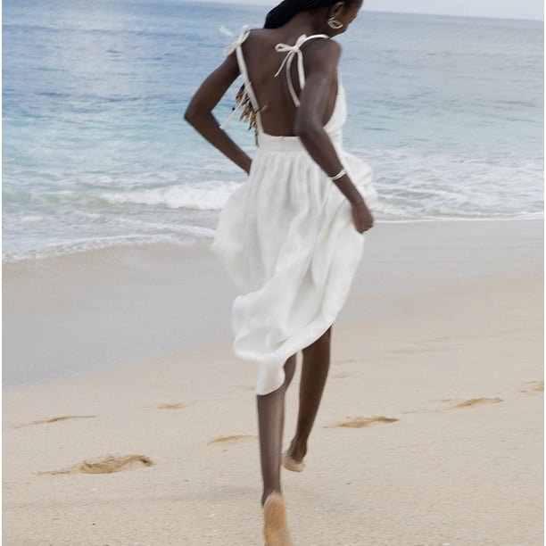 white christmas dresses Angèle long open-back beach dress in white cotton fleece