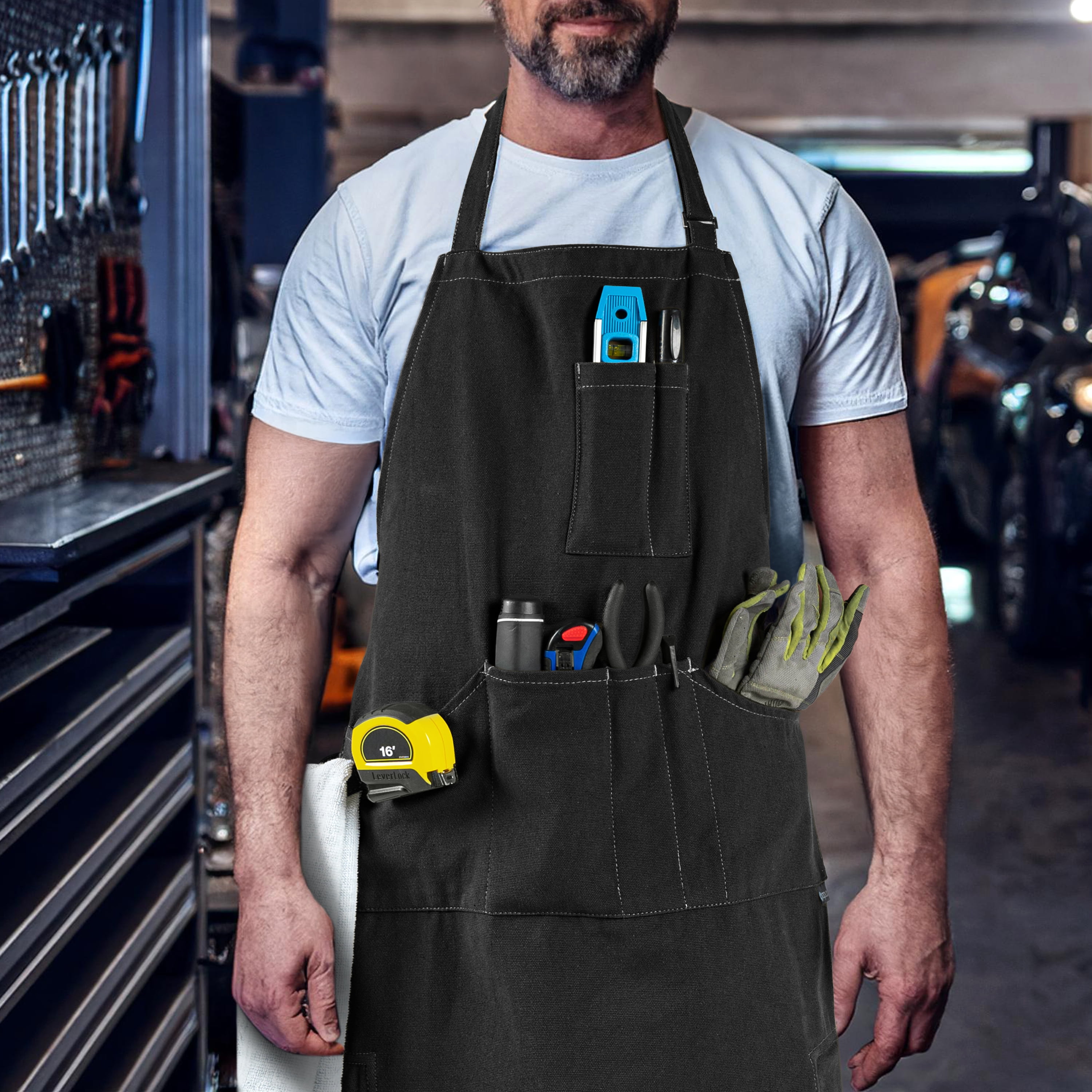 OPUX Chef Apron for Men, Canvas Apron with Pockets for Women, Large BBQ Apron for Kitchen Grilling Baking, Heavy Duty Work Apron with Adjustable Neck Strap for Barber Gardening, Black