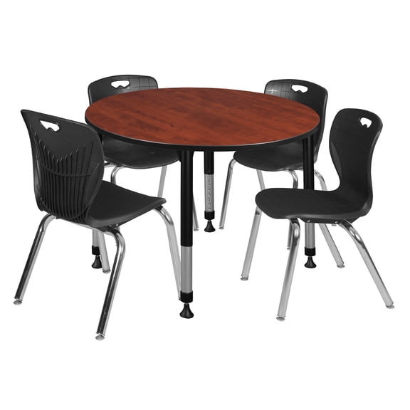 Regency Kee 48" Round Height Adjustable Classroom Table - Cherry & 4 Andy 18-in Stack Chairs- Black