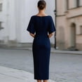 thumbnail image 2 of Morttic Women's Elegant Solid Color Short Sleeve Midi Dress – Slim Fit Intellectual Style Office Wear Navy Blue，XL, 2 of 3