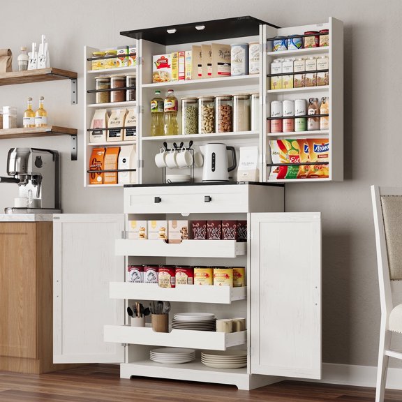 ELYKEN 72" Kitchen Pantry Storage Cabinet with Adjustable Shelves and Drawer, White