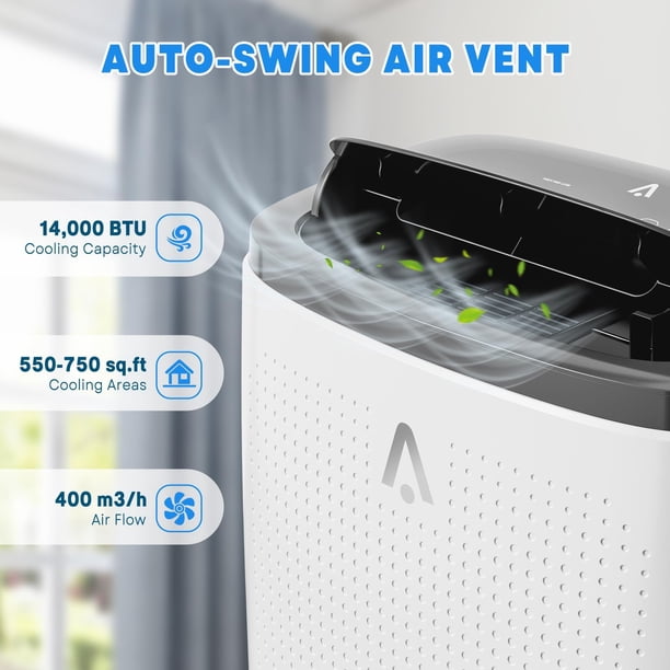 Climatizador Portátil 14000 BTU - Aire Acondicionado con Ventilador y Deshumidificador Integrados - Modo Descanso, Control Remoto, Instalación Sencilla y Diseño Blanco con Cubierta Oscura