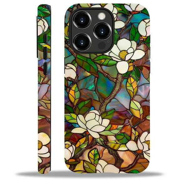 FKBRCL4U Compatible with iPhone 13 Pro Max Glossy Case, Stained Glass Window White Magnolia Blossoms Pattern for Girl Full Body Design Soft Silicone Drop Shock Scratch Protection