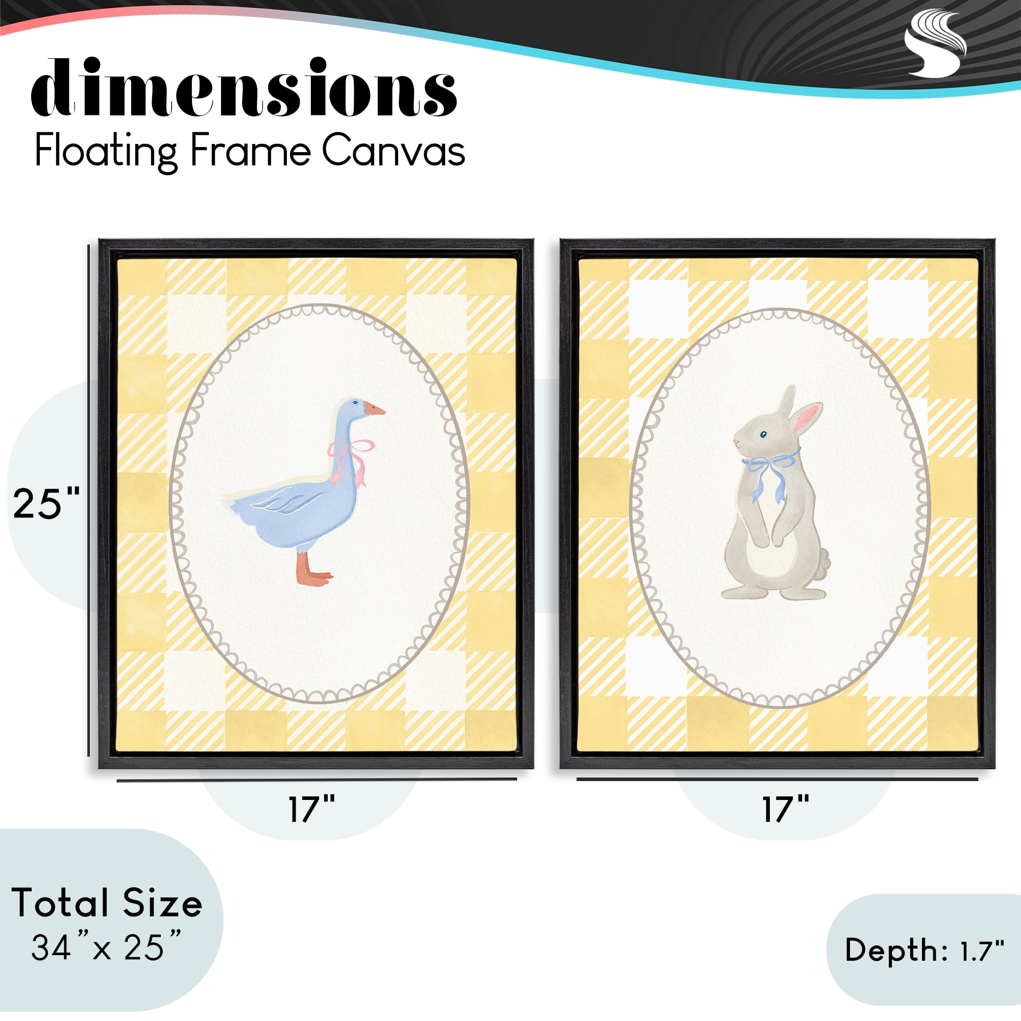Stupell Industries Goose & Bunny Yellow Gingham 2 Piece Black Framed Floater Canvas Set, design by The Paper Curator
