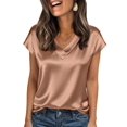 thumbnail image 3 of Women Silk Satin Tops Cap Short Sleeve Blouse V Neck Shirts Business Casual Outfits Khaki L, 3 of 7