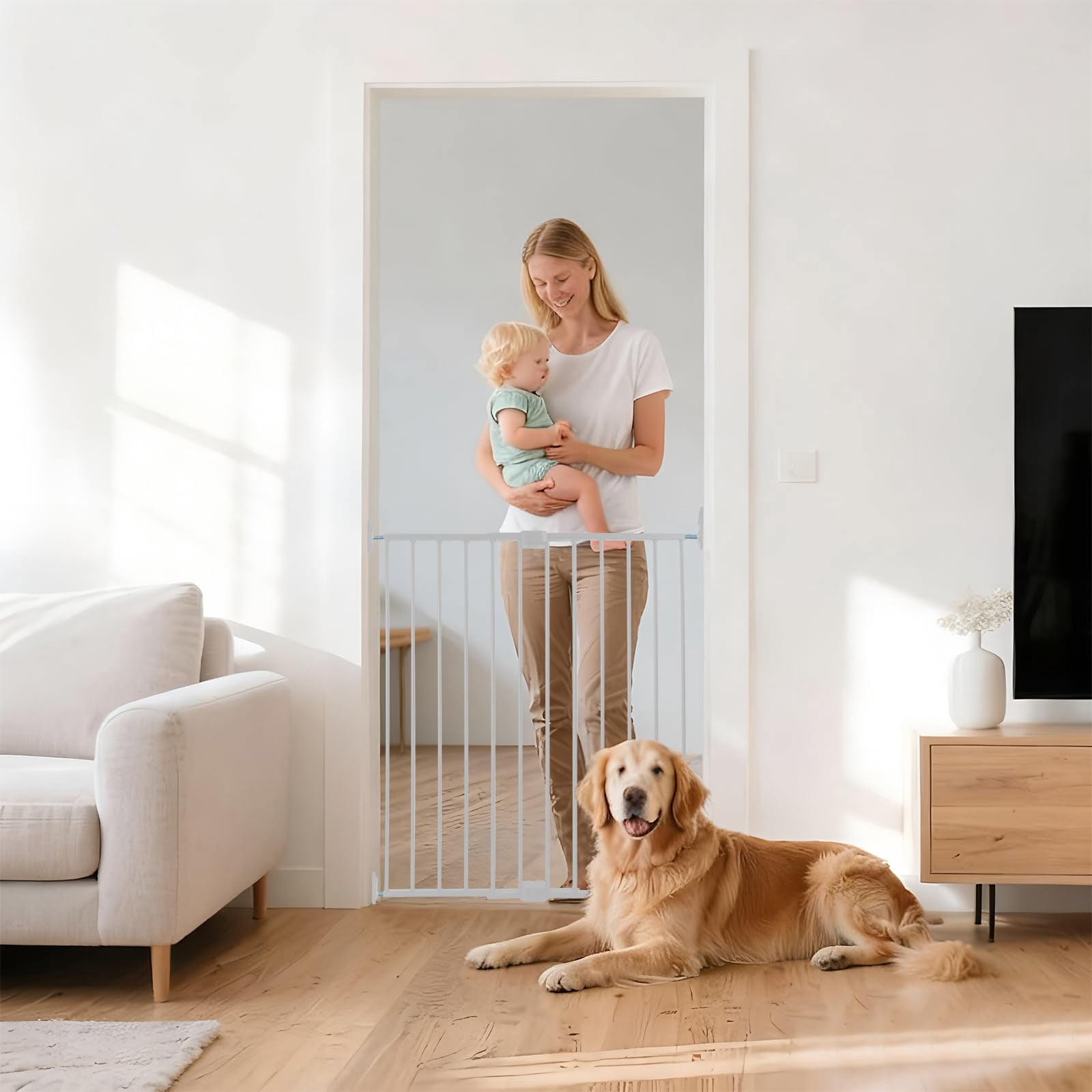 Adjustable Pet Safety Swing Gate, Hardware-Mounted Metal Gate for Stairs and Doorways, Secure Latch for Pets (White, 24"-40.5" W x 28.75" H)