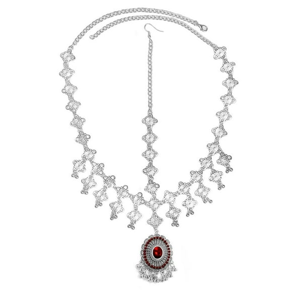 Vintage Headband for Women Adjustable Head Chain Cubic Zirconia Forehead Jewelry Jhumka Tassels Bridal Wedding Accessories Indian Festival Headpiece for Prom Special Occasions (Red, Silver)