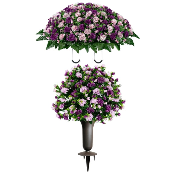 Sympathy Silks Artificial Cemetery Flowers Pink and Purple Garden Mums Bouquet & Saddle with Vase