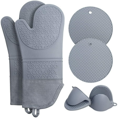 

Extra Long Oven Mitts and Pot Holders Sets: Heat Resistant Silicone Oven Mittens with Mini Oven Gloves and Hot Pads Potholders for Kitchen Baking Cooking Quilted Liner Black Pack of 6