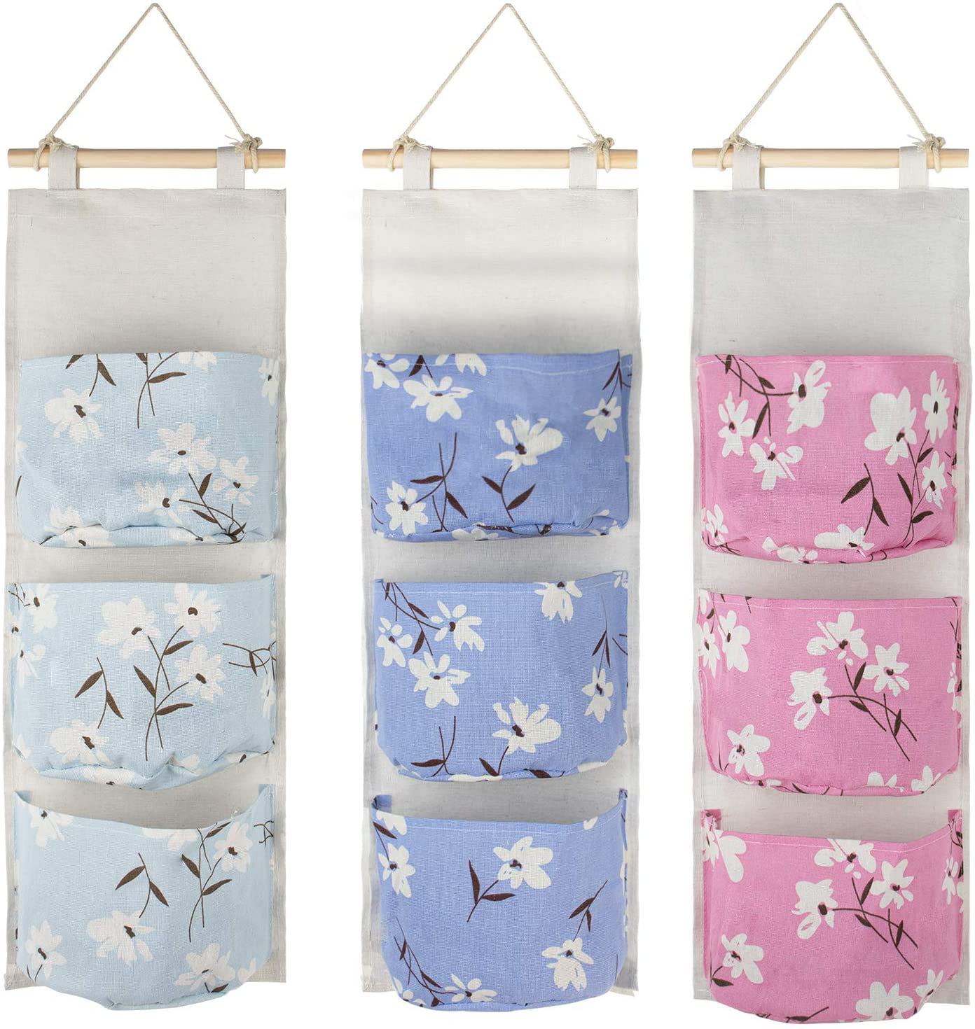 3Pcs Waterproof Over The Door Closet Organizer Linen Fabric Hanging Pocket Organizer with 3 Pockets for Kitchen Bedroom Bathroom Office Wall Hanging Storage Bags 