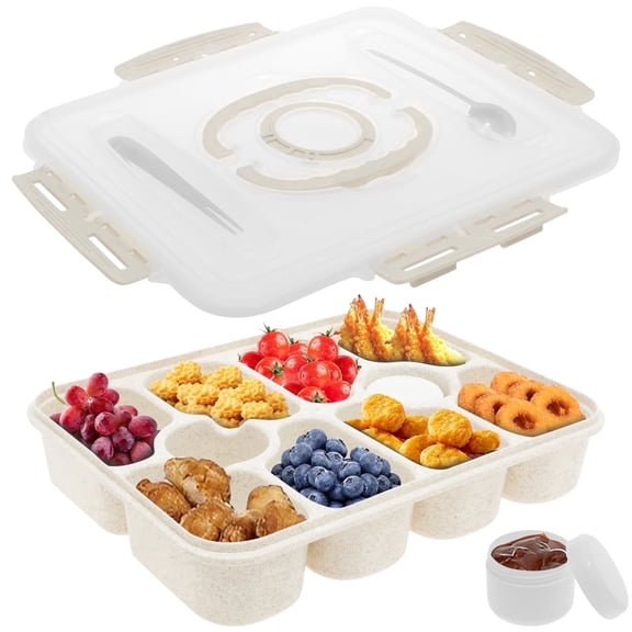 Tcwhniev Snackle Box Container with 2 Sauce Cups, 10 Compartment Divided Serving Tray with Lid and Handle for Road Trip Picnic, BPA Free