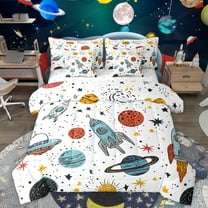 Homewish Space Ship Rocket 7-Piece Twin Bedding Sets,Cartoon Universe Planet Bedding Comforter Set,Colorful Stars Print Sheet Sets For Teens,Breathable Home Decor